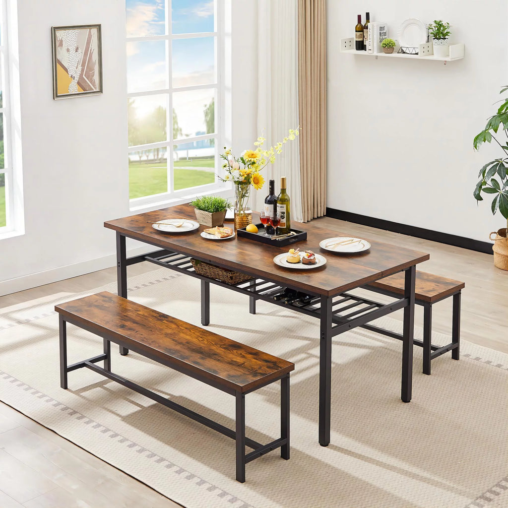 67 Inches 3-Piece Dining Table Set with 2 Benches E263927