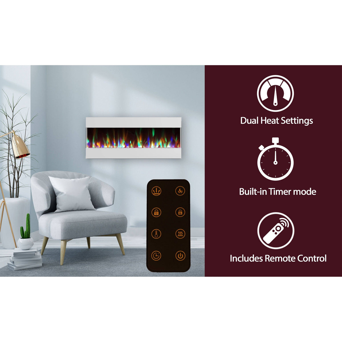 White Recessed Wall Mounted Electric Fireplace with Crystal and LED Display H851375