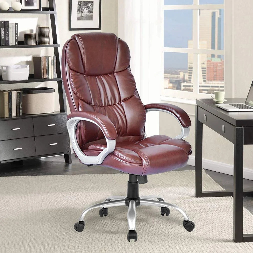Brown Leather Ergonomic Office Chair with Headrest H56602