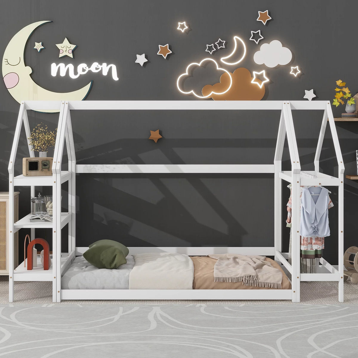 Twin House-Shaped Floor Bed Frame with 2 Detachable Stands White A733