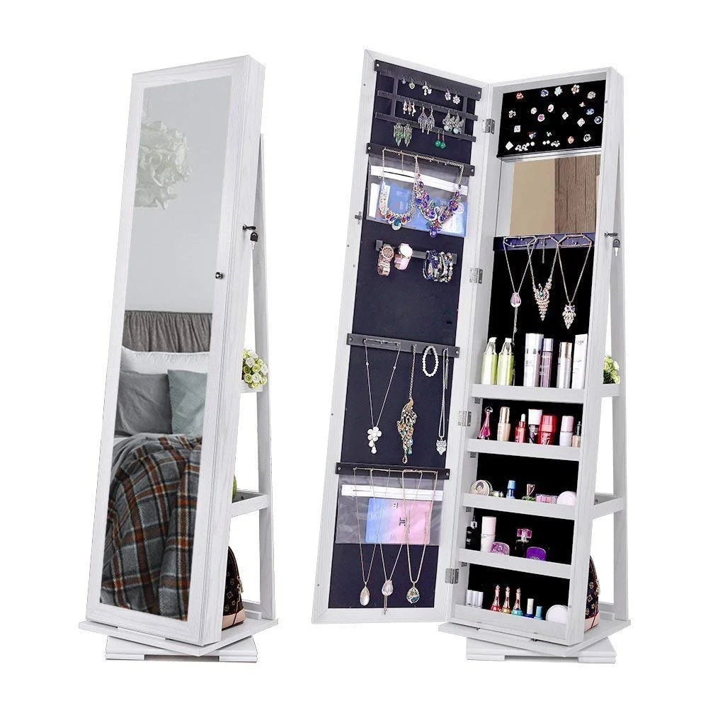 White Free-Standing Rotatable Jewelry Armoire with Mirror G84589
