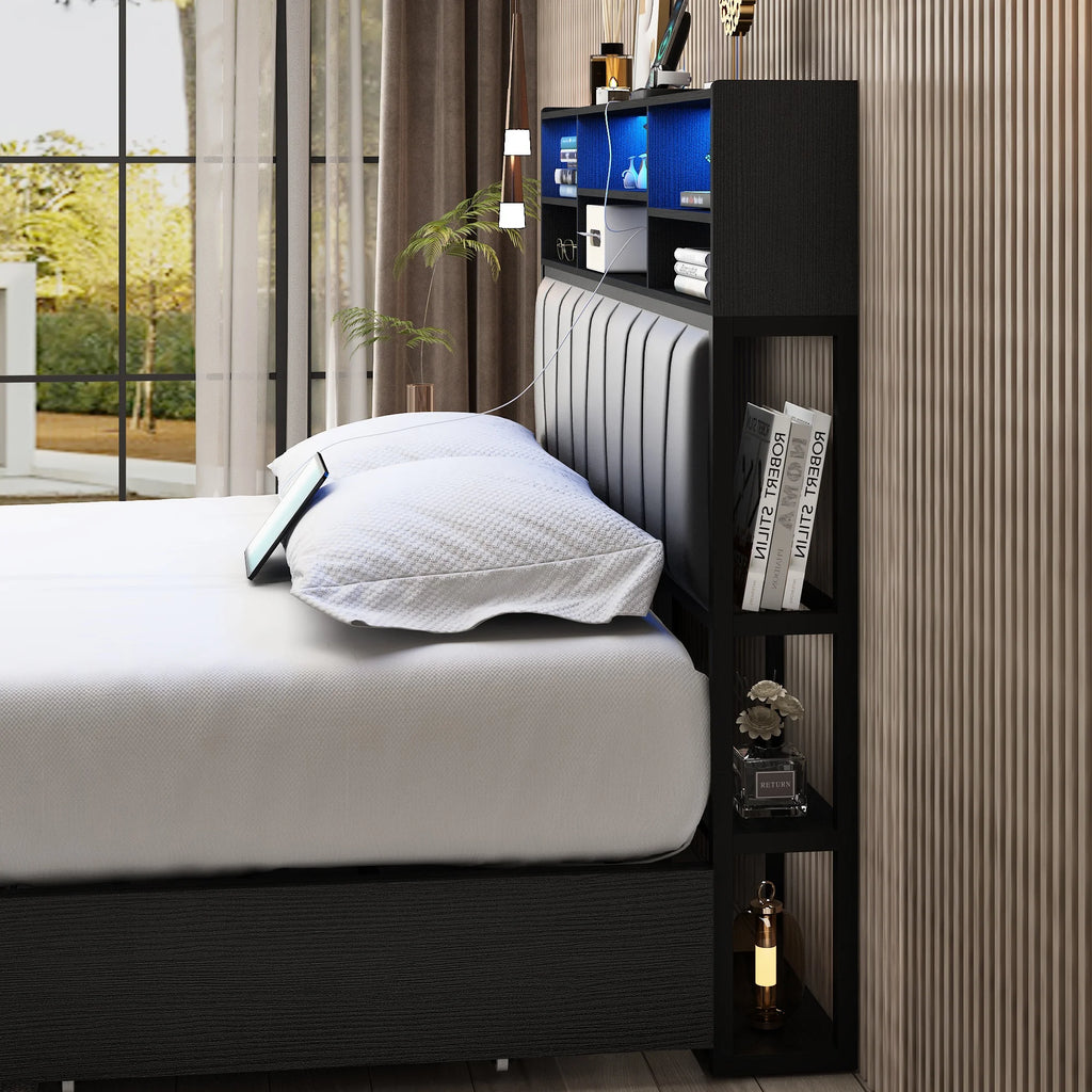 White Queen Size LED Platform Storage Bed Frame with Charging Station H99596