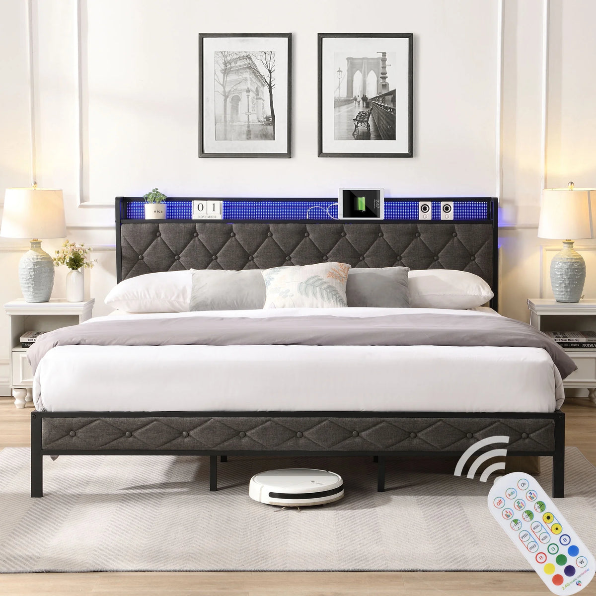 King Bed Frame with Storage Headboard and LED Lights T592