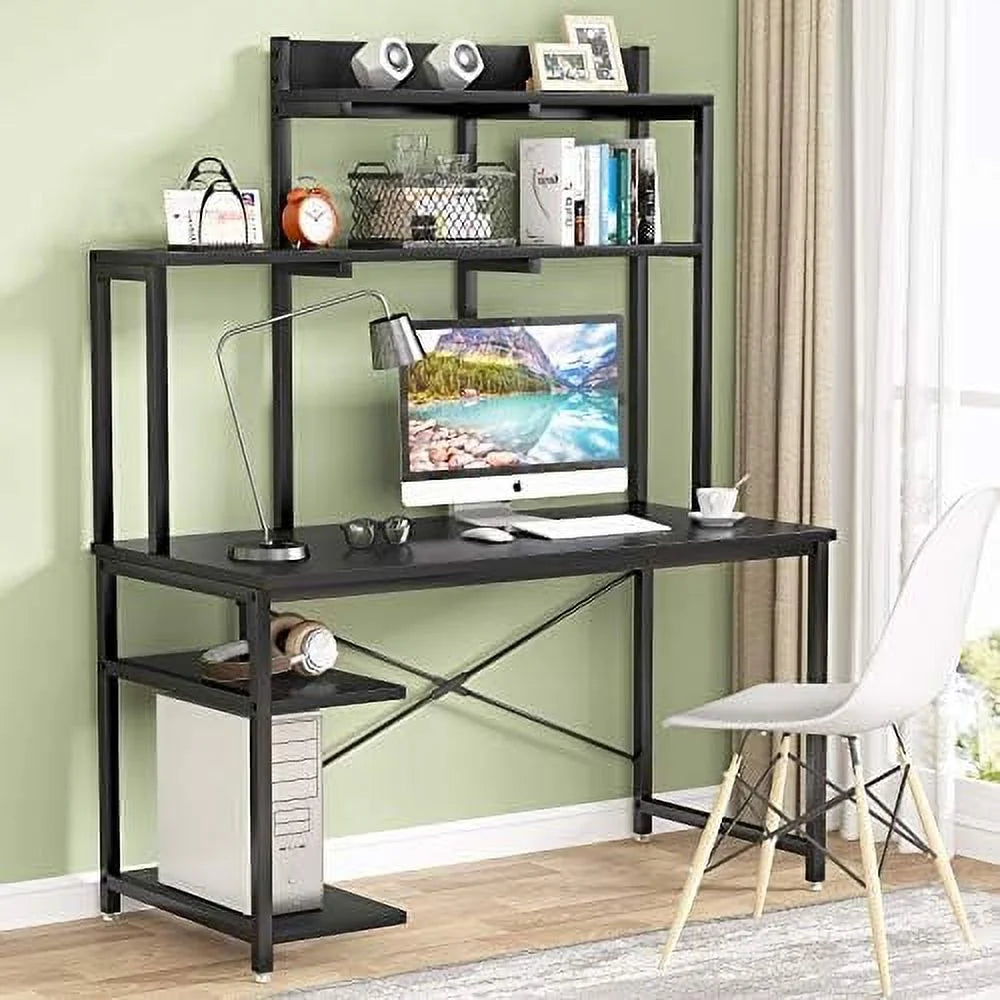 Black 47 Inch Computer Desk with Shelves and Hutch I6522