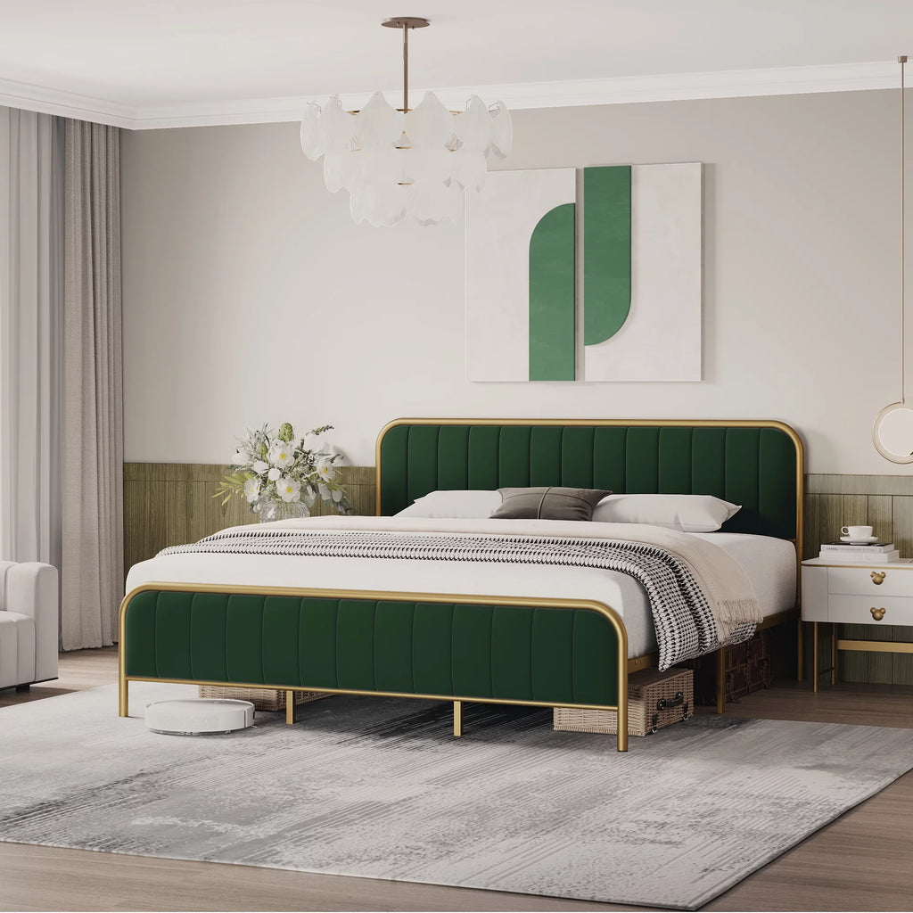 Velvet Beige Full Size Bed Frame with Metal Legs S247987