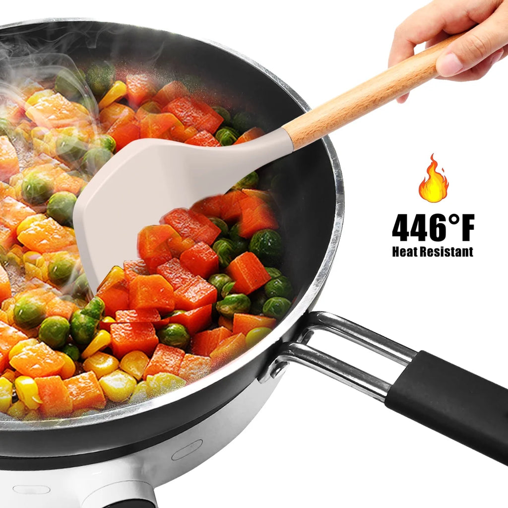 Silicone Cooking Utensils Set Wooden Handles Non-Stick Cookware X1150