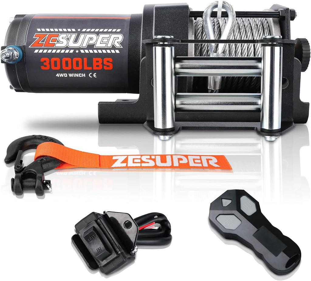 3000 lb 12V DC Electric Winch Steel Cable Waterproof Winch Kits Wireless Remote S597665