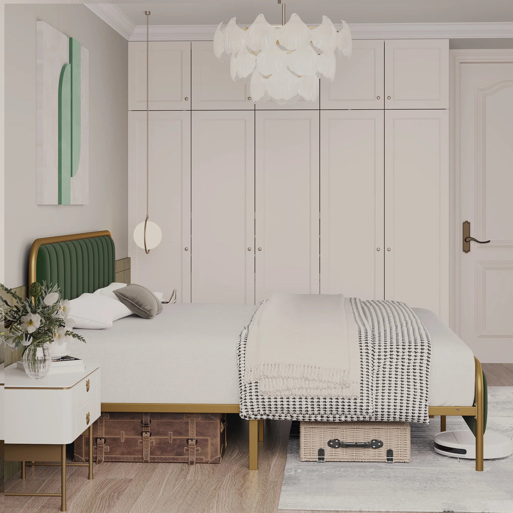 Velvet Beige Full Size Bed Frame with Metal Legs S247987