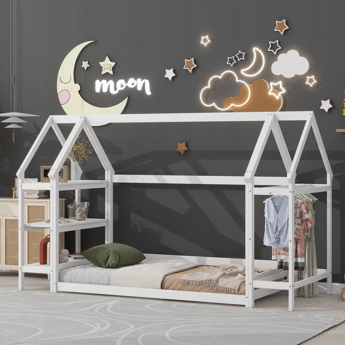 Twin House-Shaped Floor Bed Frame with 2 Detachable Stands White A733