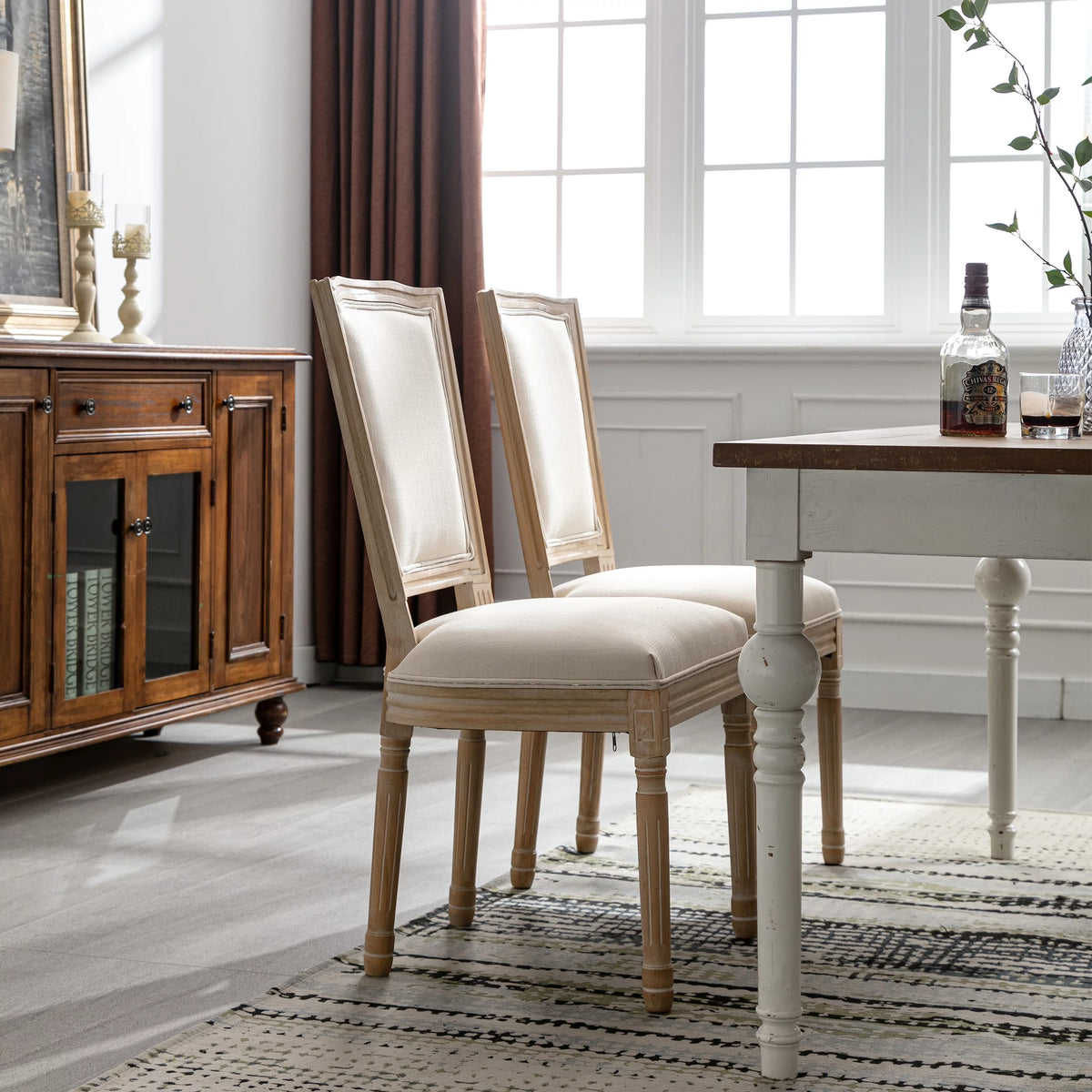 French Style Solid Wood Frame Linen Fabric Rattan Back Dining Chair Set Of 2 P727