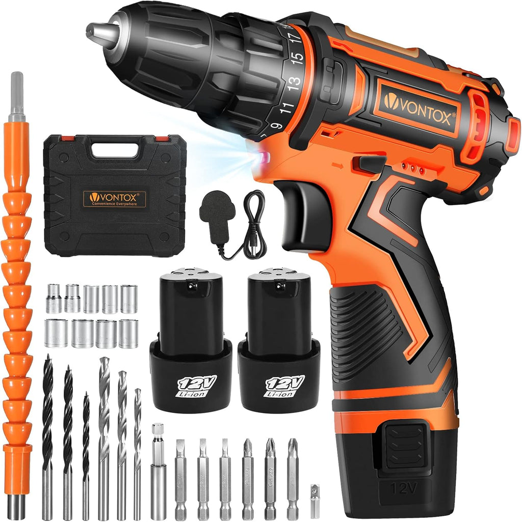 20V Cordless Drill with 2 Batteries 2000mAh and Fast Charger, 3/8" Keyless Chuck, 2 Variable Speed, 370 In-lb Torque A833074