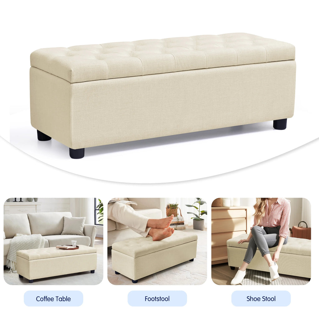 Beige Linen Fabric Storage Ottoman Bench W65327