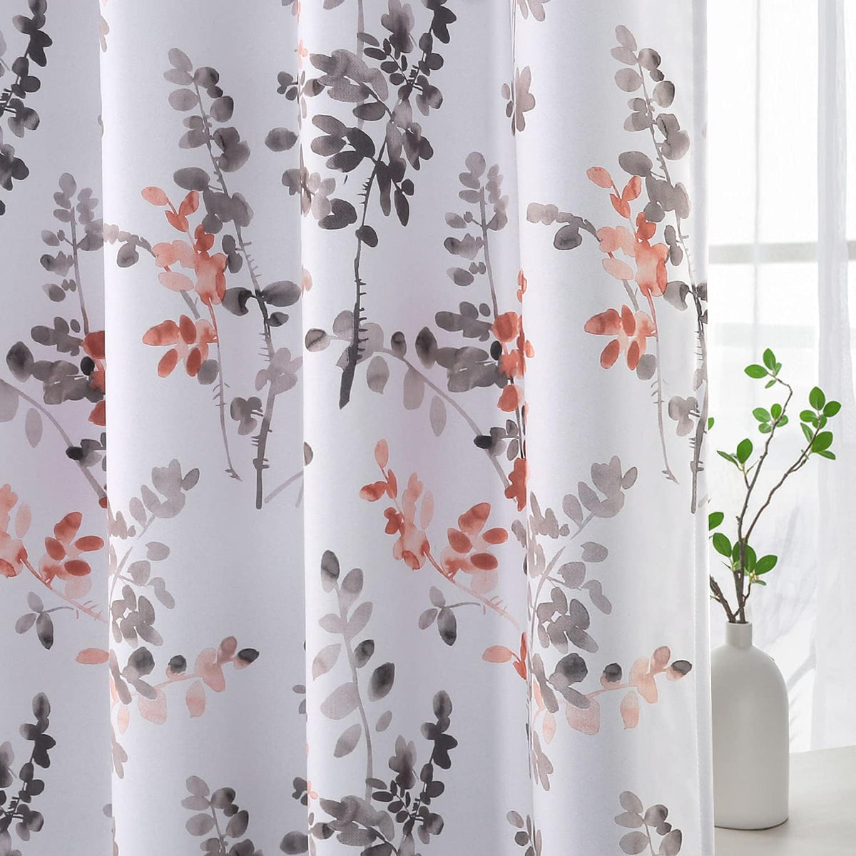 Blackout Grommet Curtains 84 Inch Long, Grey and Turquoise Floral Printing, 2 Panels B575