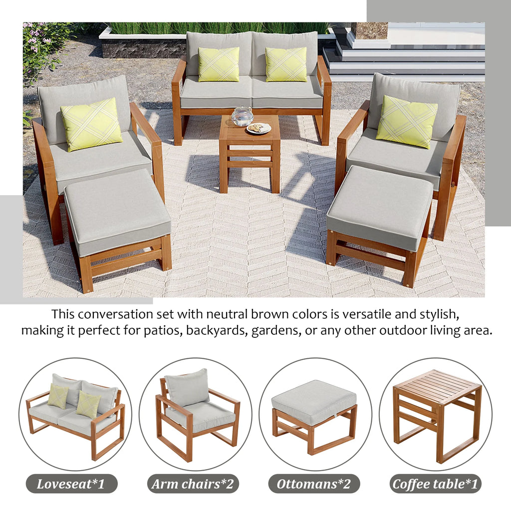 6 Piece Solid Wood Patio Furniture Set with Gray Cushions K194
